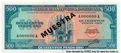 Banco Central de la República Dominicana 500 Peso Oro 1964 MUESTRA