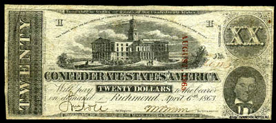 Confederate States of America 20 Dollars 1863 Sixth Series