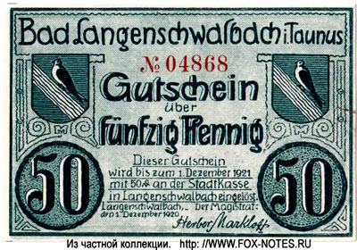 Bad Langenschwalbach i. Taunas 50 Pfennig Notgeld