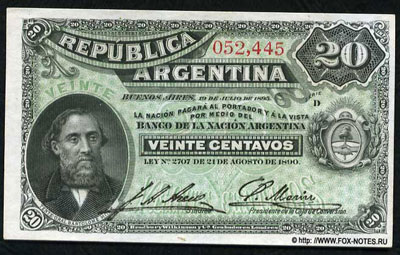 BANCO DE LA NACIÓN ARGENTINA 20 centavos 1895  
