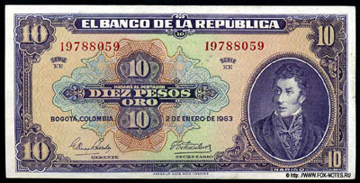 Colombia Banco de la República 10 pesos oro 1947