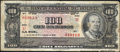 BANCO CENTRAL DE BOLIVIA 100 peso 1945