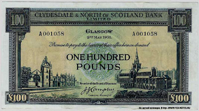 Clydesdale & North of Scotland Bank Limited 100 pounds 1951
