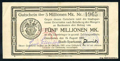 Stadt-Sparkasse Osterhofen. 5000000 mark 1923 / NOTGELD