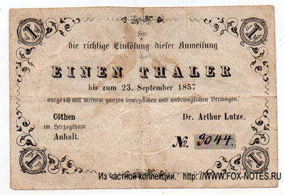 Dr. Arthur Lutze 1 Thaler 1857 Anweisung