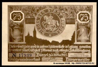 Stadt Bürgel 75 pfennig 1921