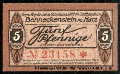 Stadtgauptkasse Benneckenstein 5 pfennig