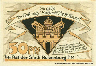 Stadt Boizenburg Reutergeld. Gultig bis 31.5.1922