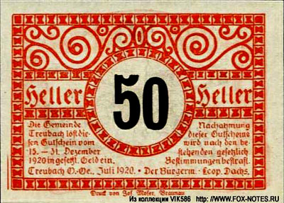 Notgeld Österreich 50 heller Gemeinde Treubach