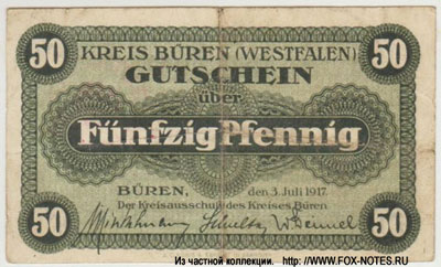 Kreiskommunalkasse in Büren Gutschein. 1917