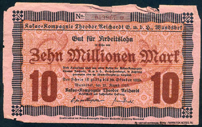 Kakao-Kompagnie Theodor Reichardt G. m. b. H. Gut für Arbeitslohn. 25.08.1923. Gültig bis 30.10.1923