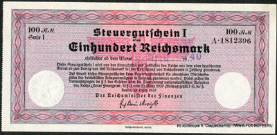 Reichsministers der Finanzen Steuergutscheine I 100 mark