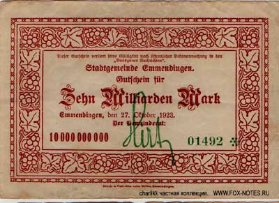 Stadtgemeinde Emmendingen 10000000000 Mark 1923