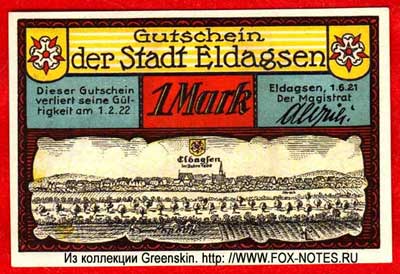 Gutschein der Stadt Eldagsen. 1.6.1921 (1922) 1 Mark notgeld