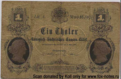 Koniglich Sachsische Interims Cassen Scheine  1 thaler 1867