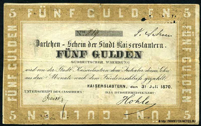 Darlehen-Schein der Stadt Kaiserslautern. 1870. 5 