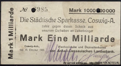 Die Städtische Sparkasse, Coswig-A. 1000000 Mark 1923