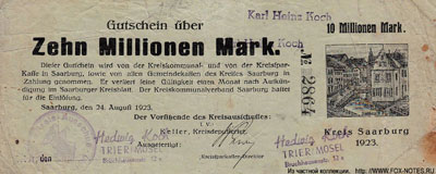 Kreis Saarburg 10000000 Mark 1923 NOTGELD