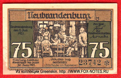 Stadt Neubrandenburg 75 Pfennig 1921 Notgeld
