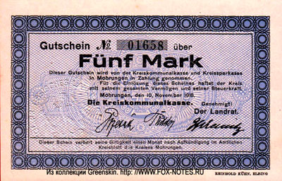 Kreiskomunalkasse Mohrungen 5 Mark 1918