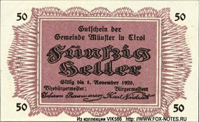 Notgeld Österreich Gemeinde Münster in Tirol 50 heller 1920