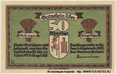 Gemeinde Darlingerode Gutschein. 1. September 1921. Gültig 1.1.1923. 