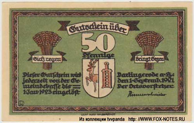 Gemeinde Darlingerode Gutschein. 1. September 1921. Gültig 1.1.1923.