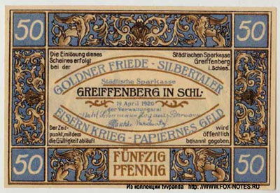 Stadtsparkasse Greiffenberg in Schlesien Scheck. 1920. Wz Furchwn