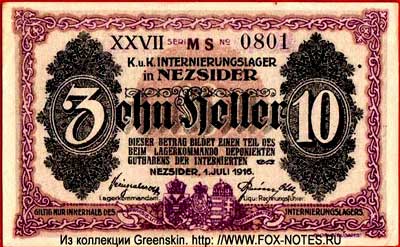 K. u. K. Internierungslager Nezsider 10 Heller 1916
