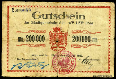 Stadtgemeinde Annweiler Gutschein 200000 Mark 1923