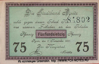 Die Stadtbank Pyritz 75 Pfennig 1921 Notgeld