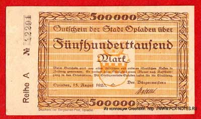 Gutshein der Stadt Opladen. 15. August 1923. 500000 Mark Notgeld