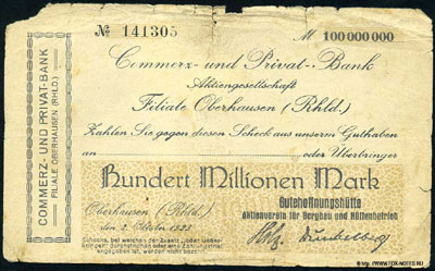 Commerz- und Privat- Bank Aktiengeselschaft, Filiale Oberhausen (Rhld) 100 millionen mark