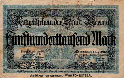Notgeldschein der Stadt Meerane. 8. August 1923. 500000 Mark