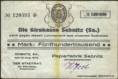 Dei Girokasse Sebnitz (Sa.) Lohnschek 500000 Mark