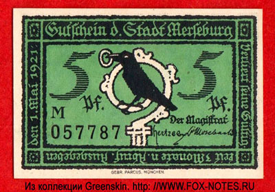 Gutschein der Stadt Merseburg. 1921. 5 Pfennig.