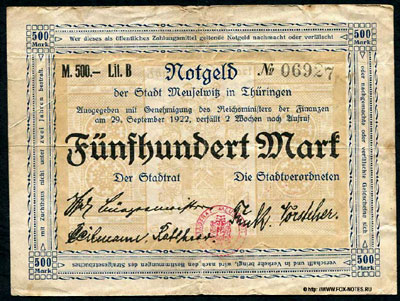 Stadt Meuselwitz in Thüringen 500 Mark 1922 Notgeld