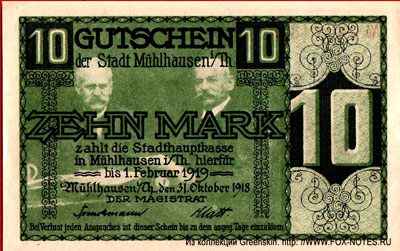 Stadthauptkasse Mühlhausen i/ Th. 10 Mark 1918 Notgeld