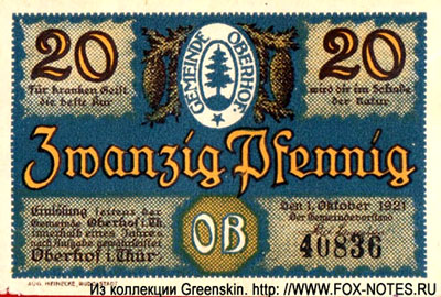 Notgeld der Gemeinde Oberhof. 1. Oktober 1921. 20 Pfennig.
