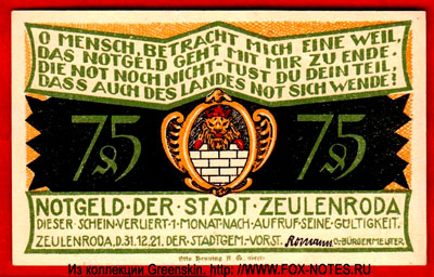 Notgeld der Stadt Zeulenroda.  75 Pfennig 1921