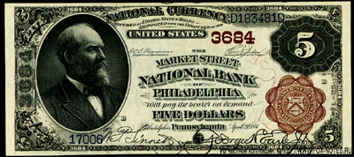 Market Street Nacional Bank of Philadelphia  5 dollars series 1882