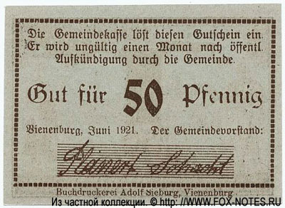 Gemeindekasse Vienenburg 50 pfennig 1921 notgeld