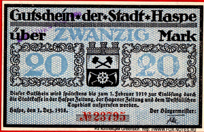 Gutschein der Stadt Haspe. 1. Dezember 1918. 20 Mark Notgeld
