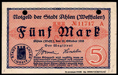 Notgeld der Stadt Ahlen. 1918. 5 Mark