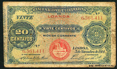BANCO NACIONAL ULTRAMARINO 20 centavos 1914 Loanda