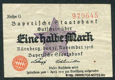 Bayerische Staatsbank Eine Halbe Mark 1918