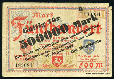 BREMERHAVEN, GEESTEMÜNDE und LEHE 500000 Mark 1923