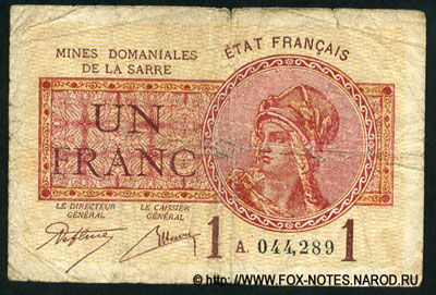 Mines Domaniales de la Sarre, Etat Francais 1 franc