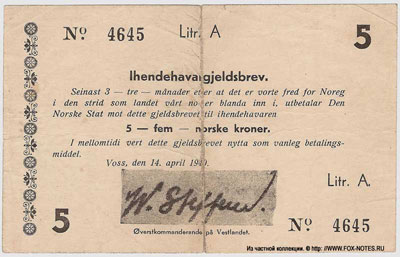 IHENDEHAVARGJELDSBREV 5 norske kroner 1940