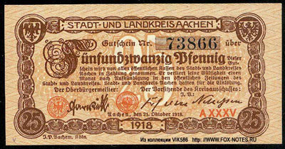 Stadt- und Landkreis Aachen Gutschein 50 pfennig 1918